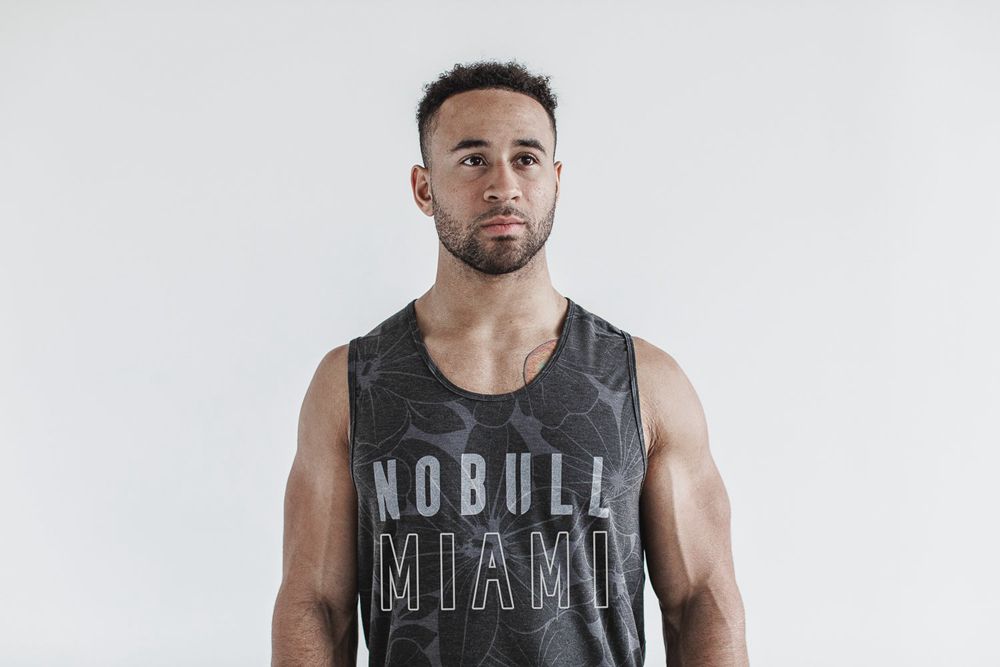 NOBULL Men's (Miami) Tank Tops - Charcoal Hibiscus - Ireland (6957AMCSU)